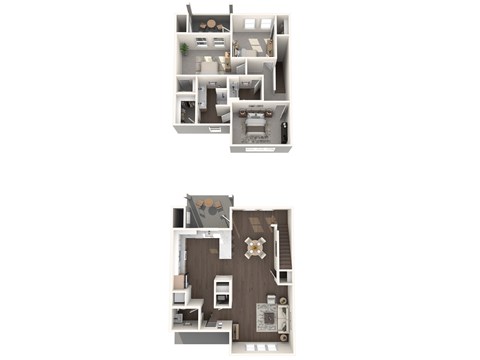 Two images of a house layout with a kitchen, living room, and bathroom.